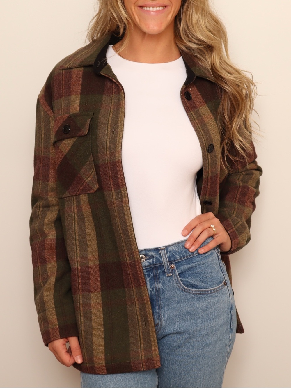 Bagatelle Plaid Oversized Shacket Jacket Olive Brown Wool Feel Quilted Lined